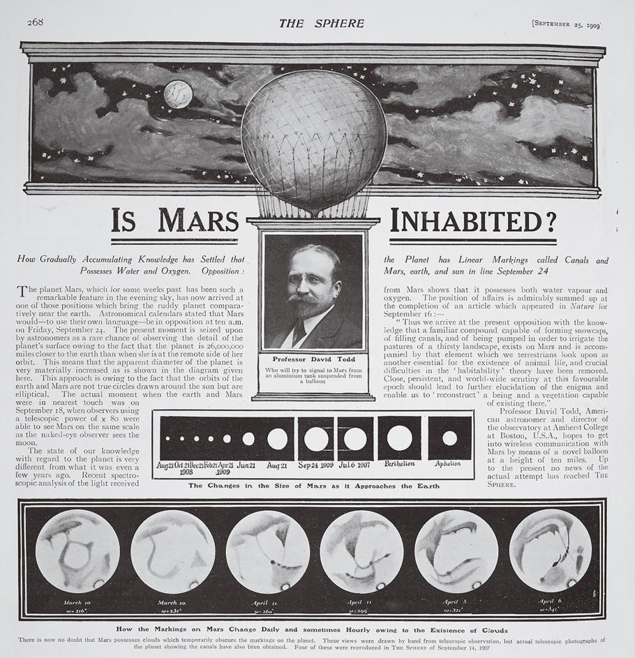 An article in a 1909 British newspaper bears the provocative headline, "Is Mars Inhabited?" The article has a balloon, a portrait of a man, and what appears to be planets. 
