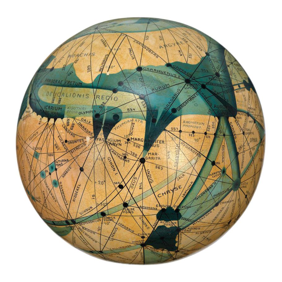 An antique globe depicts the surface of Mars criss-crossed with canals carrying water from the planet's frozen poles.