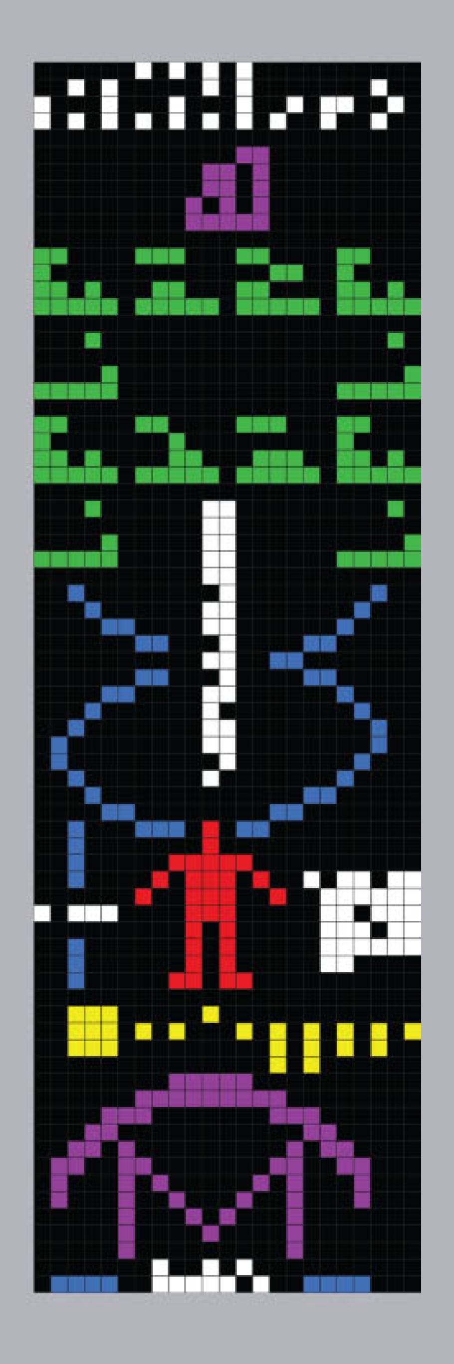 A series of pixels form crude shapes, including a human being and a radio telescope.