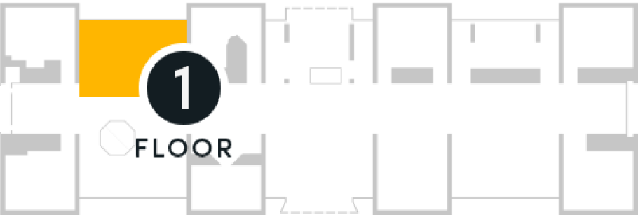 Map of the first floor of the National Air and Space Museum's Washington, D.C., building, highlighting in yellow the Looking at Earth gallery on the south side of the building, two rooms east of center