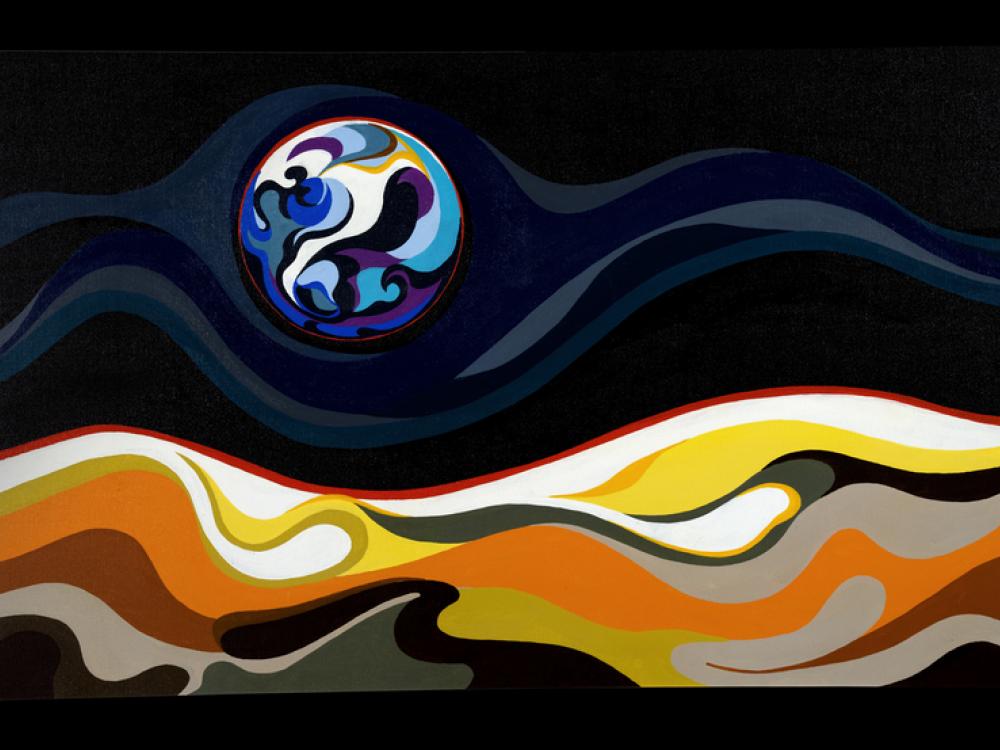 A painting showing a stylized globe representing earth from a wavy surface.