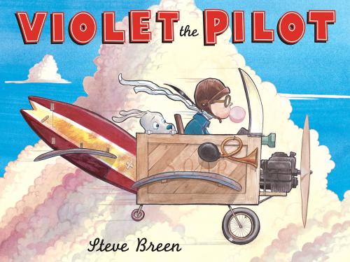 Illustrated book cover for Violet the Pilot, showing a girl and dog in a homemade machine.