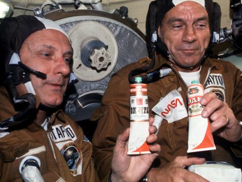 Apollo-Soyuz Toasting in Space
