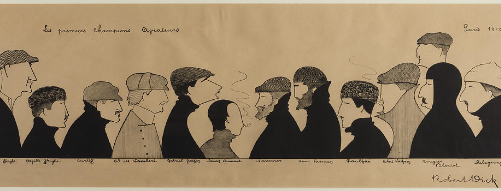 Caricature drawing of 13 people from the shoulders up. Six people on the left half all face toward the center, and seven people on the right half also face toward the center. Most wear caps and large overcoats.
