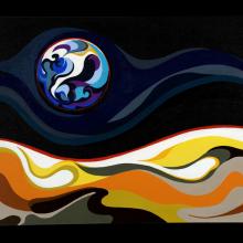 A painting showing a stylized globe representing earth from a wavy surface.