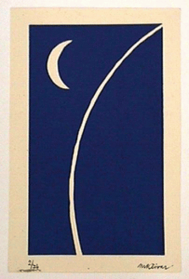 The silhouette of a crescent next to a curved line representing a surface.