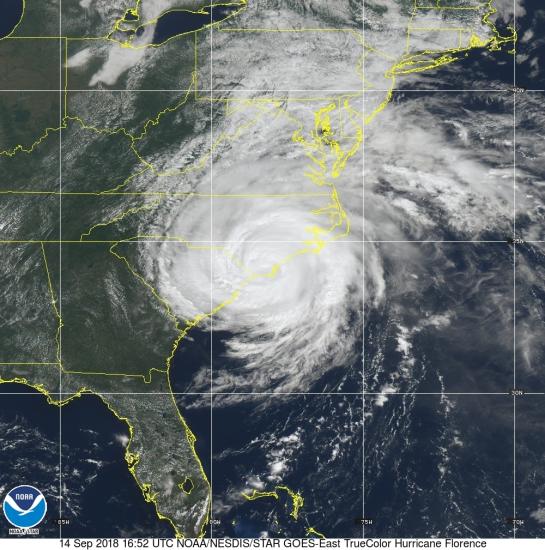 An image of Hurricane Florence taken from a GOES satellite on September 14, 2018. 